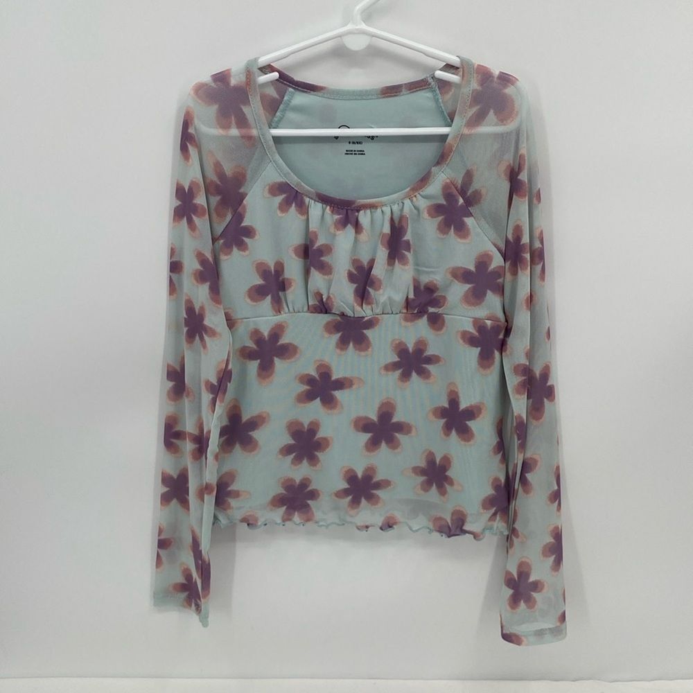 Art Class Target Girls Long Sleeve Ruffle Shirt Mesh Sleeves Floral Print S 6/6x